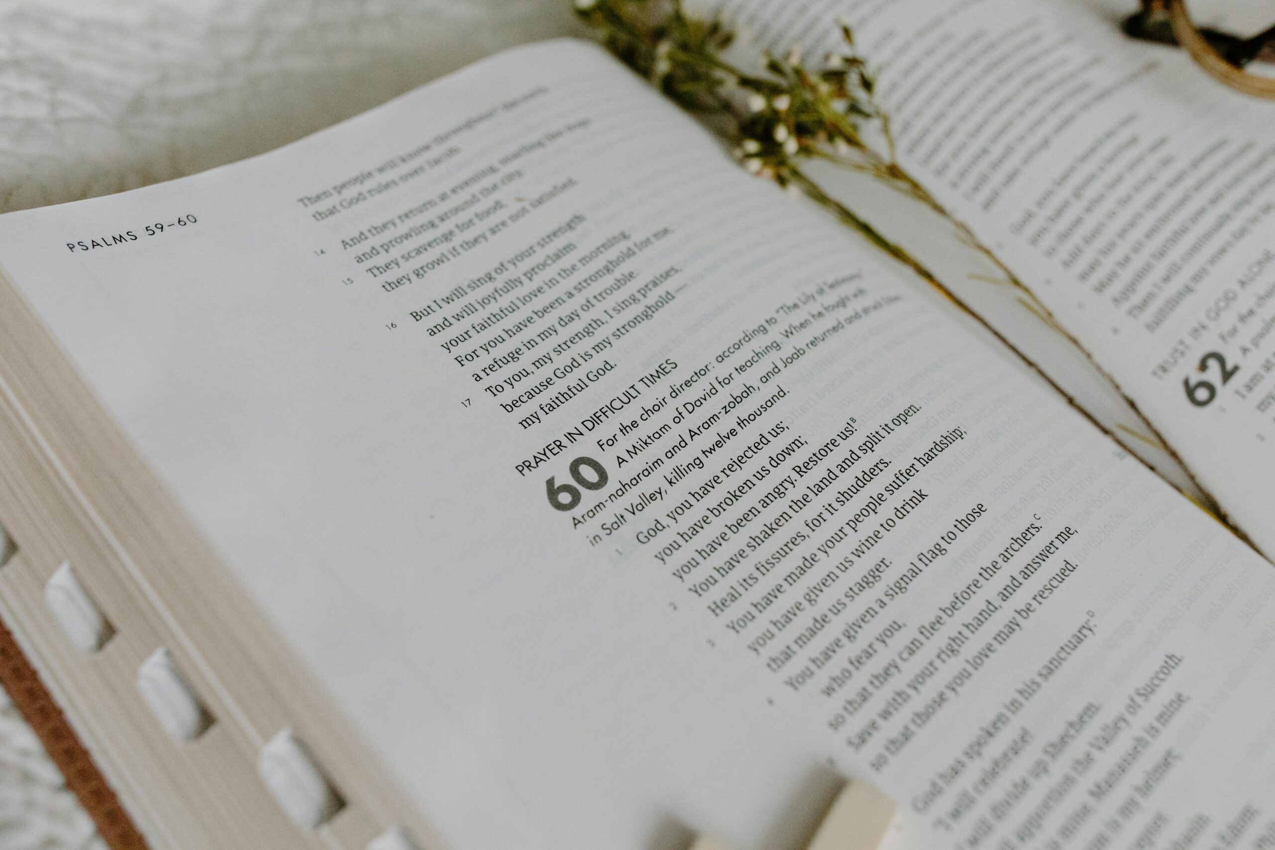 Close-up of an open Bible showing Psalm 60 with dried flowers.